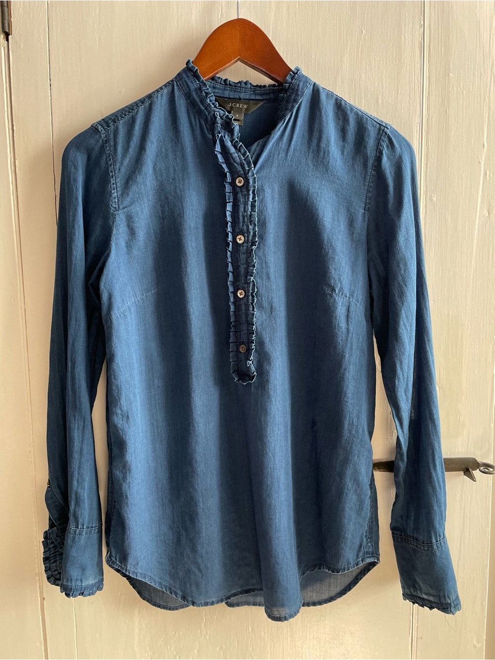 J.CREW Blue Chambray Denim Cotton Ruffle Mock Neck Long Sleeve Button Blouse